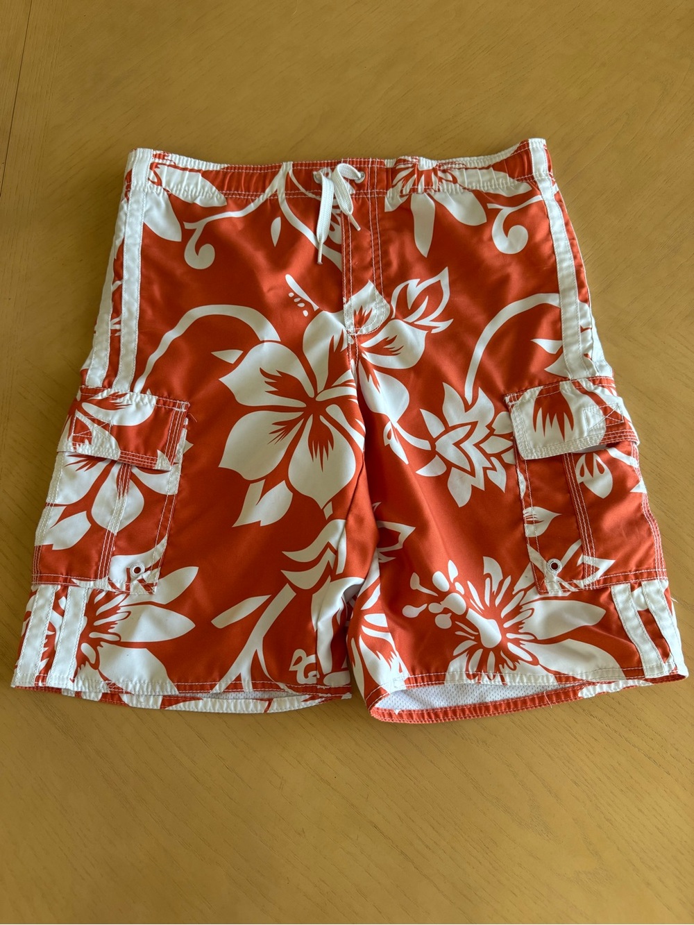 Old Navy boys orange Hawaiian cargo swim shorts L 10-12